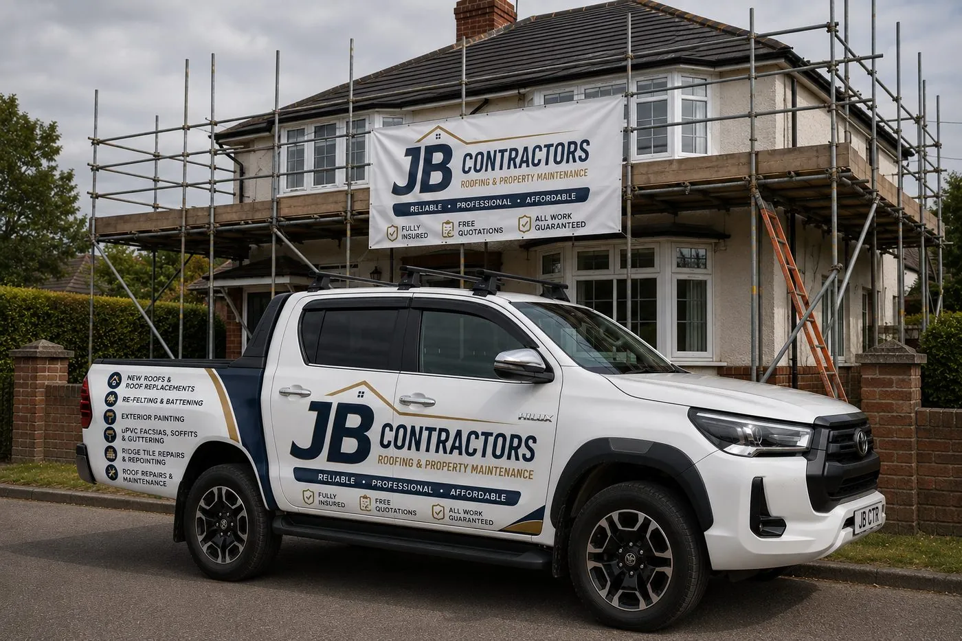 Totnes Roofing pickup truck on site at a scaffolded roofing job in Totnes