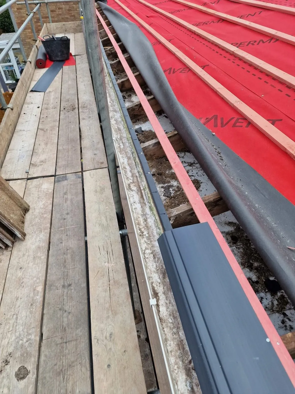 Breathable membrane and battens fitted during a re-roof in Totnes